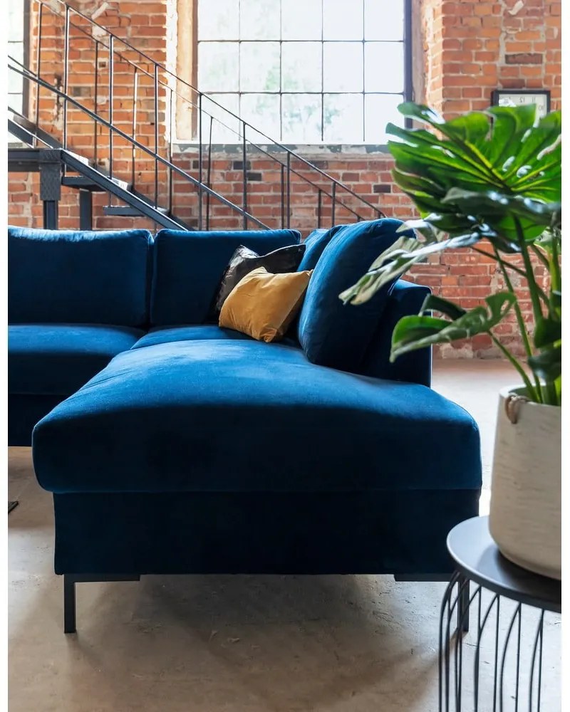 Divano letto a U in velluto blu navy, angolo destro Lofty Lilly - Miuform