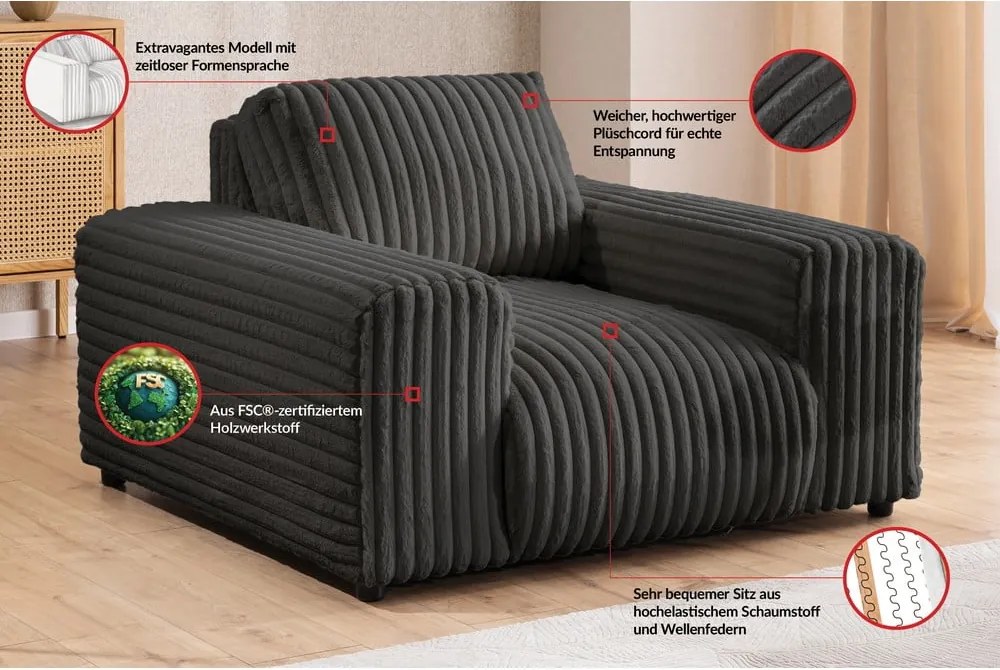 Poltrona grigio scuro con rivestimento in velluto a coste Justin – Ropez