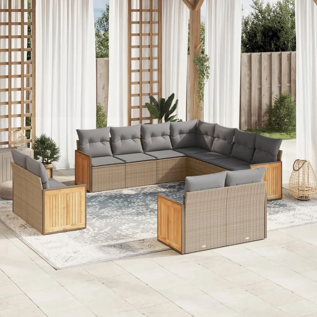 Set divani da giardino 11 pz con cuscini beige in polyrattan