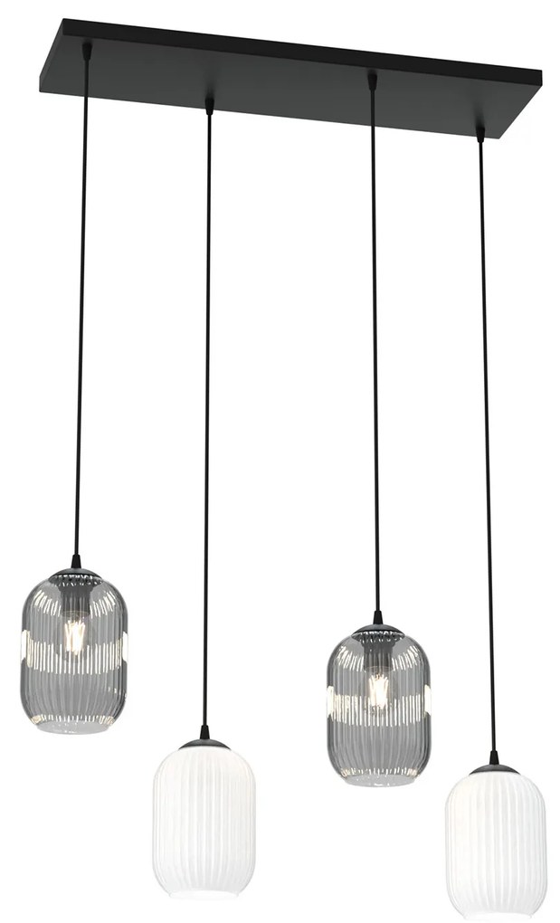 Lampadario 4 Luci Selene In Acciaio Nero E Vetri Plissettati In Bianco E Fumè