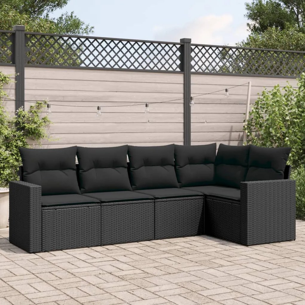 Set divani da giardino 5 pz con cuscini in polyrattan nero