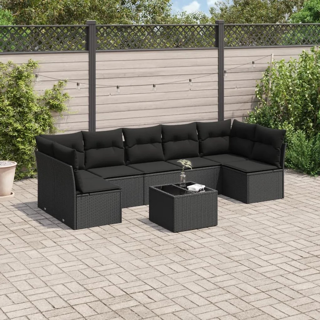 Set divani da giardino con cuscini 8 pz nero in polyrattan