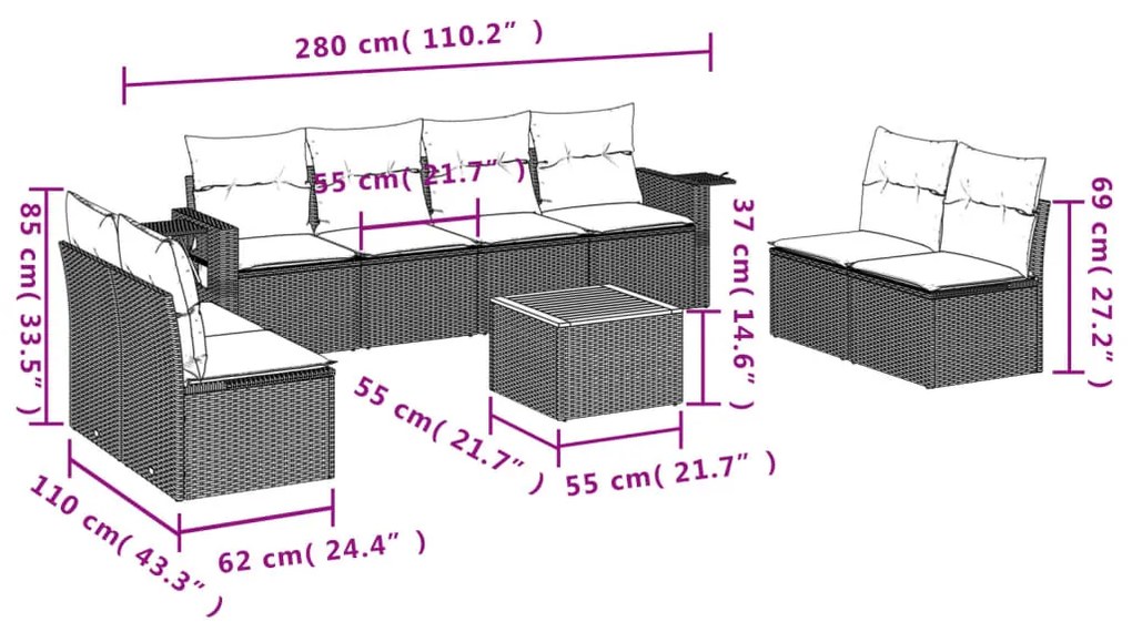 Set divani da giardino 9 pz con cuscini nero in polyrattan