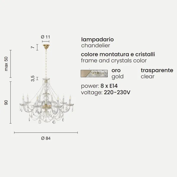 Lampadario a sospensione OPERA D84 cm in vetro lavorato a mano 8 LUCI ORO
