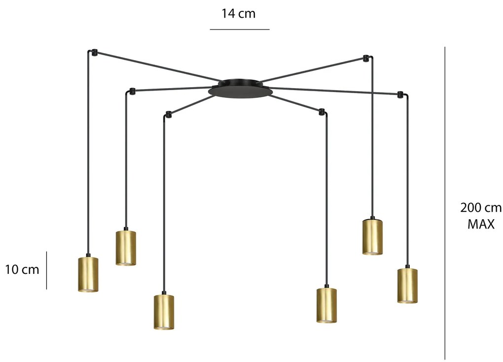 Sospensione A Ragno In Acciaio Nero E Oro 6 Luci Tracker Con Cavo 3 Metri