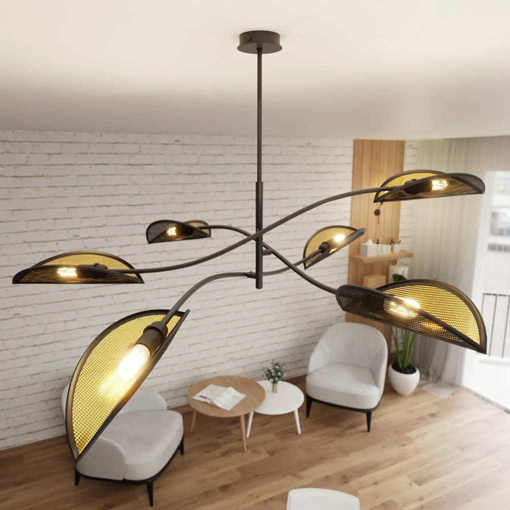 Sospensione Nordica 6 Luci Ares In Acciaio Nero Oro Bracci Regolabili