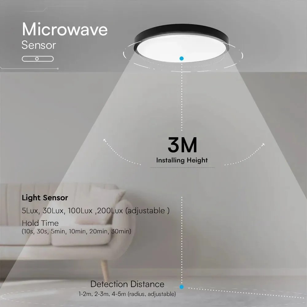 Plafoniera LED V‑TAC 18 W Ø295mm nera – Chip Samsung & sensore, 4000 K