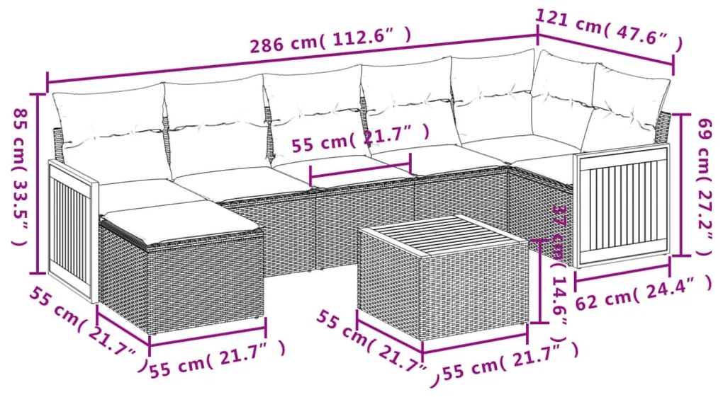 Set Divano da Giardino 8 pz con Cuscini Grigio in Polyrattan