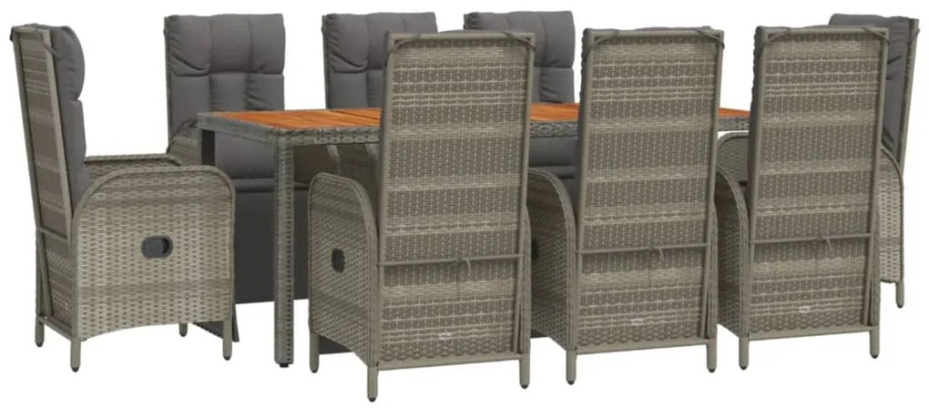 Set da pranzo da giardino 9 pz con cuscini in polyrattan grigio