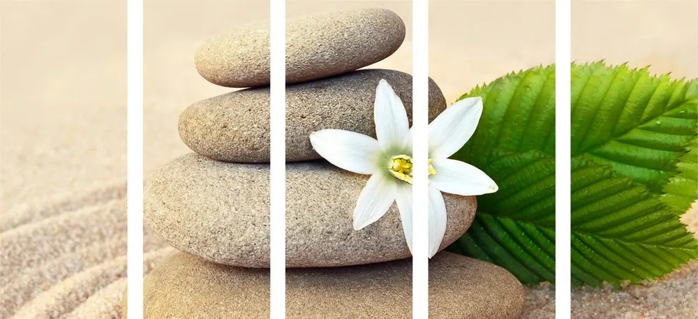 Quadri 5 pezzi – Fiore bianco e pietre nella sabbia
