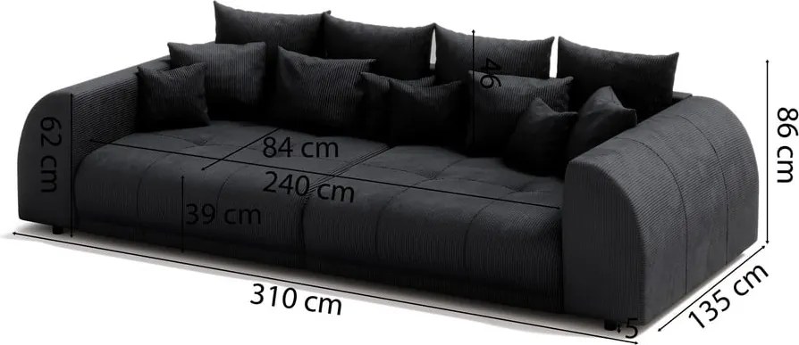 Divano nero con rivestimento in velluto a coste 310 cm Vanessa – Ropez