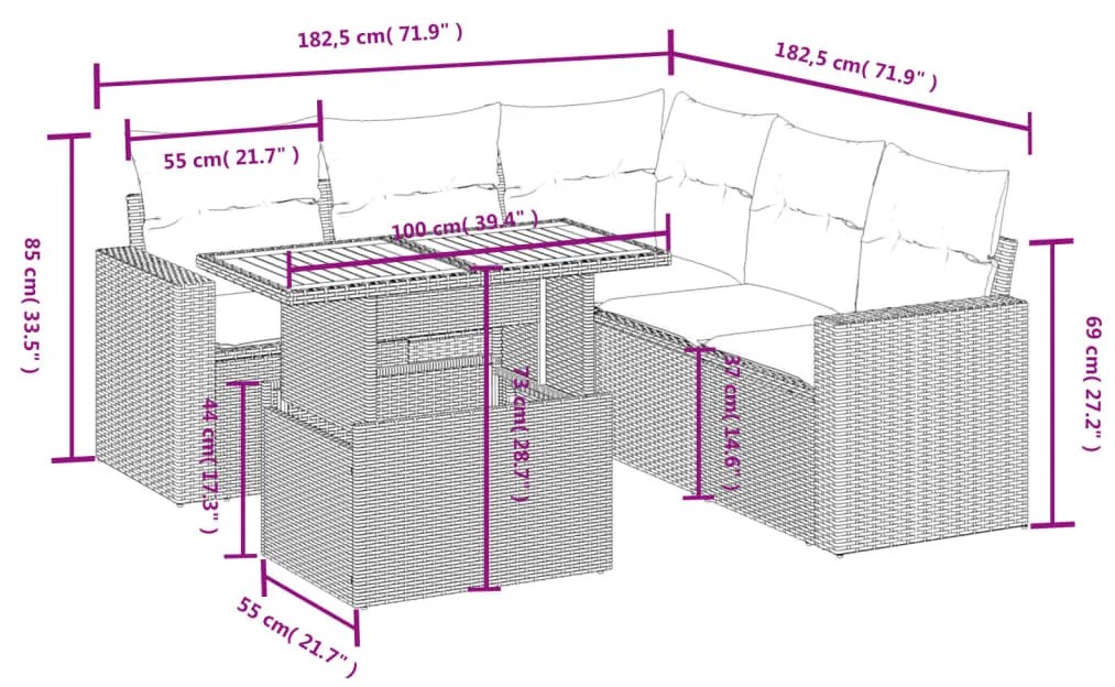 Set divano da giardino 6 pz con cuscini beige in polyrattan