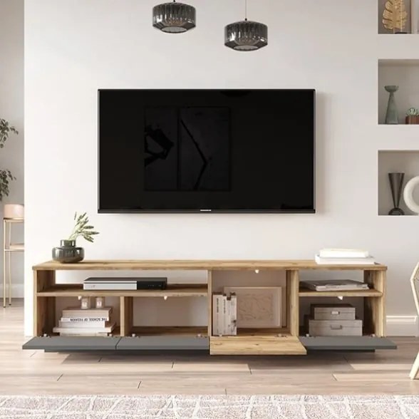 Mobile TV Da Terra 180 Cm Con Ante Frontali Antracite E Legno Nemus