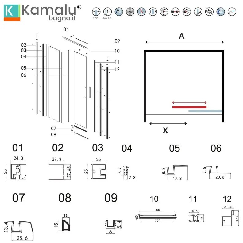 Kamalu - porta doccia 110 cm colore bianco vetro 6mm altezza 200h | kla4000b