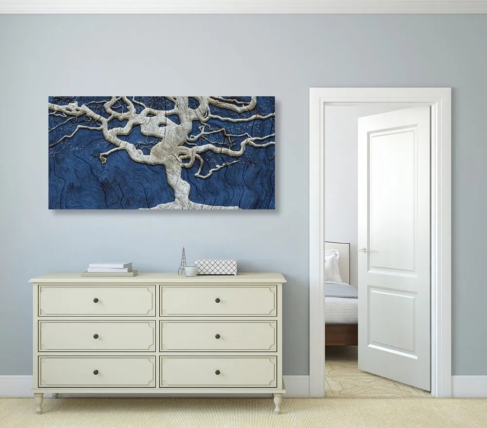 Stampa su tela – Albero astratto su legno con contrasto blu