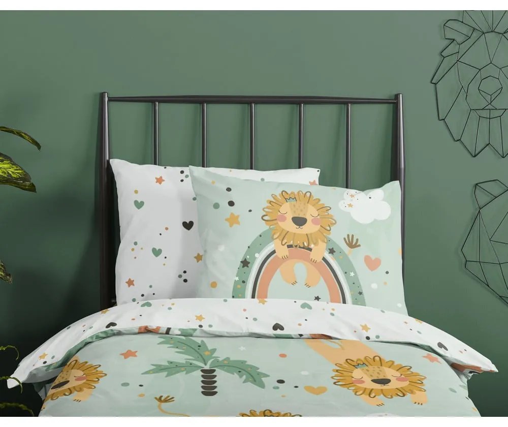 Set copripiumino e federa da bambini verde in cotone per letto singolo ed esteso 140x220 cm Lions – Good Morning