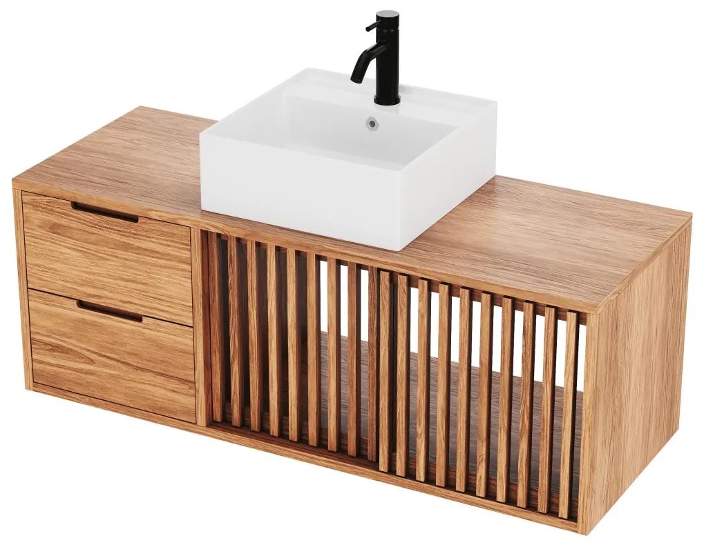 Mobile bagno sospeso con lavabo doppio 120 cm in Teak chiaro - PARNU