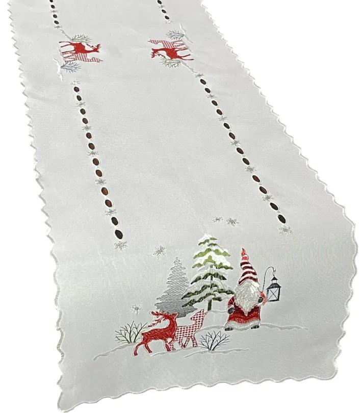 Stola bianca natalizia con ricamo di elfi e renne Larghezza: 40 cm | Lunghezza: 220 cm