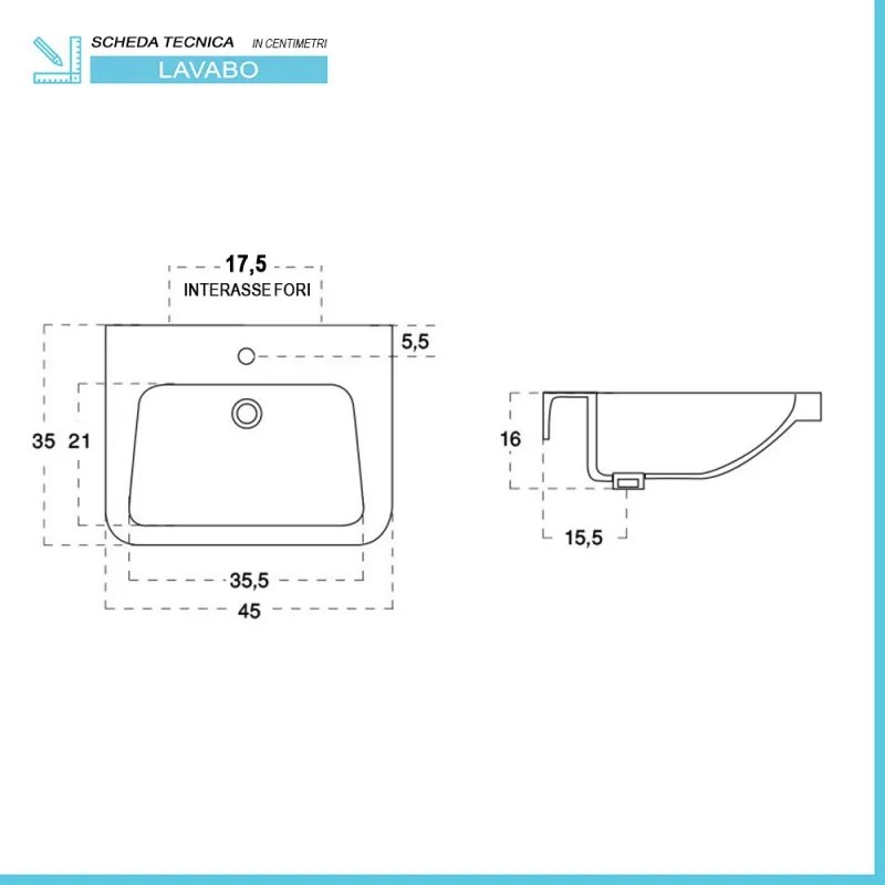 Lavabo sospeso 45x35 salvaspazio bianco in ceramica