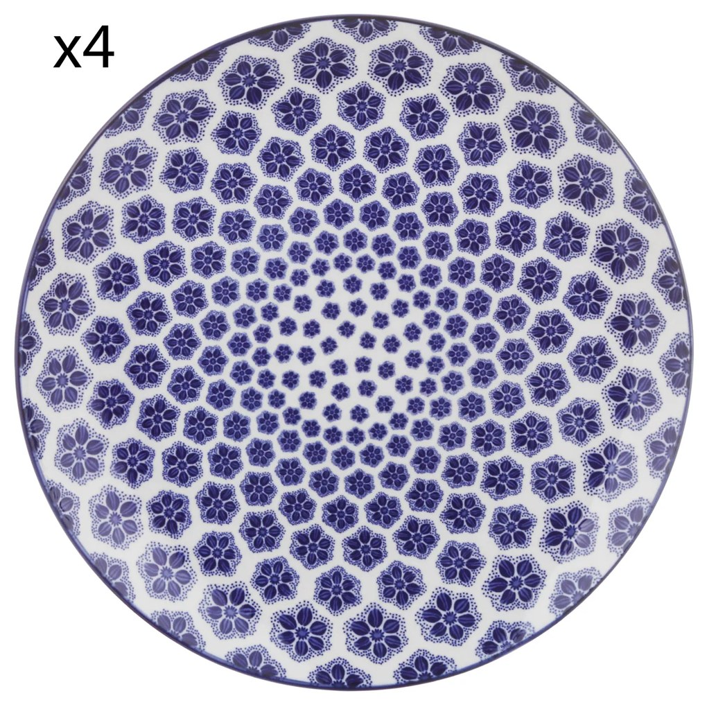 Set 4 piatti piani geometria fiori blu porcellana Hanami