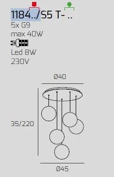 Sospensione ottone satinato 5 luci tonda vetri 2x tr + 3x bf 1184os...