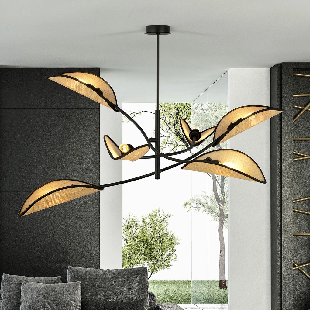 Sospensione Nordica 6 Luci Ares In Acciaio E Rattan Con Bracci Regolabili