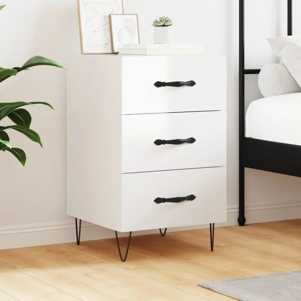 Comodino Bianco Lucido 40x40x66 Cm İn Legno Multistrato /
