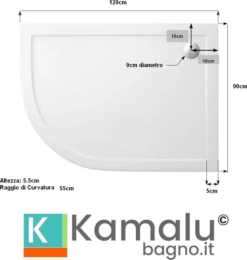 Piatto doccia 120x90 semicircolare versione destra KAM-1200 - KAMALU