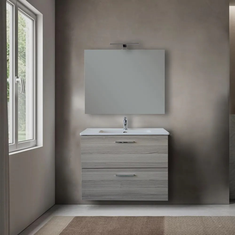 Mobile bagno 80 cm Vitra Mia rovere scuro con specchio e lampada Led