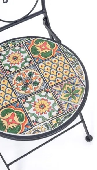 Set bistrot da arredo esterno tavolino 60 cm e sedie pieghevoli effetto maiolica Naxos Bizzotto