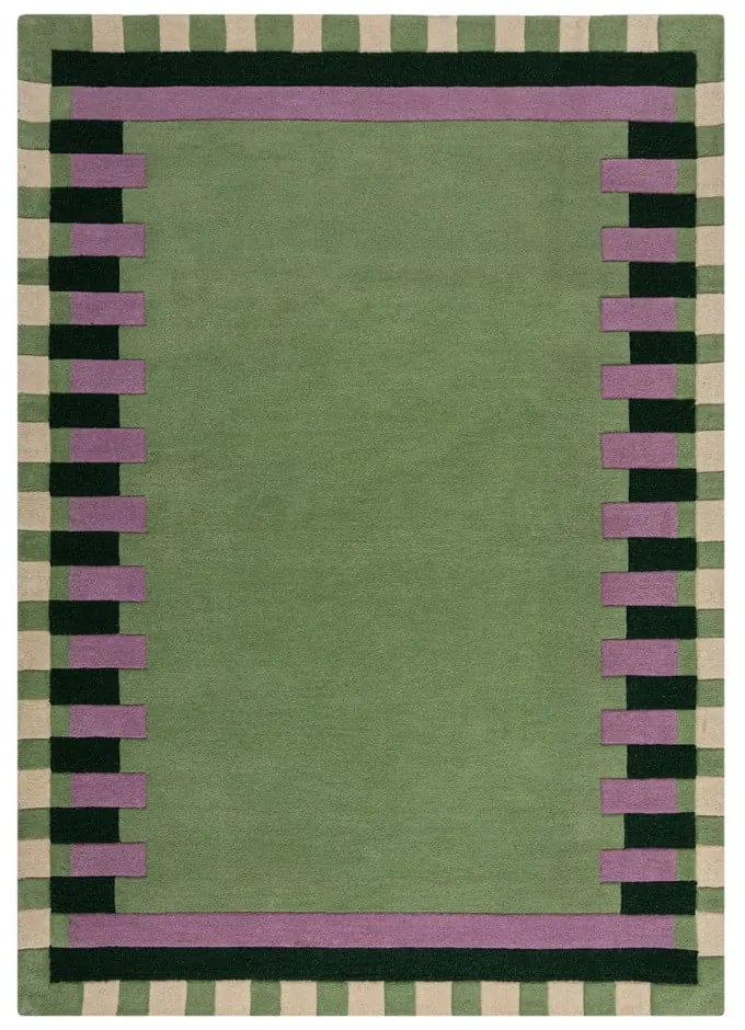Tappeto verde in lana e viola tessuto a mano 200x290 cm Kai Wool Border - Flair Rugs