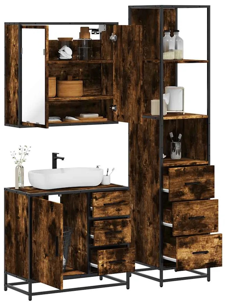 Set Mobili Da Bagno 3 Pz Rovere Fumo İn Legno Multistrato /