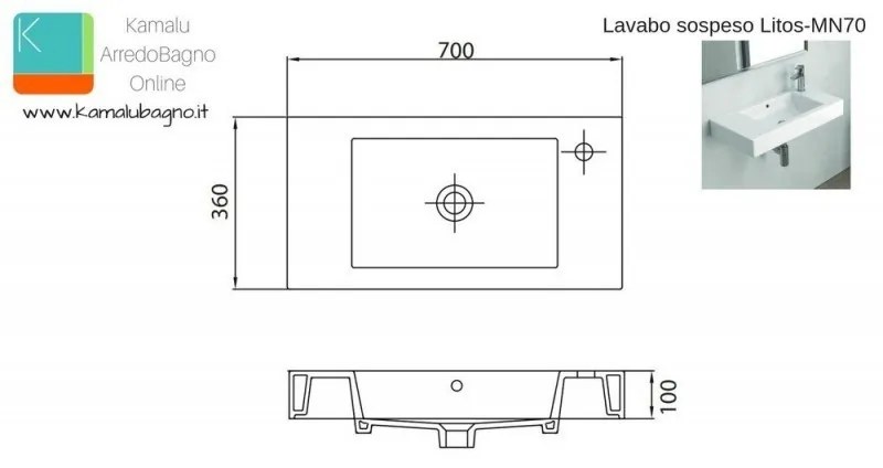 Kamalu - mobile bagno 70 cm sospeso lavabo incasso e due ante mn-70c