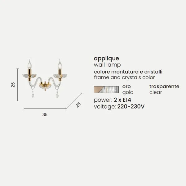 Lampada applique 35 cm 2 luci E14 - cristallo e vetro BRIGIDA