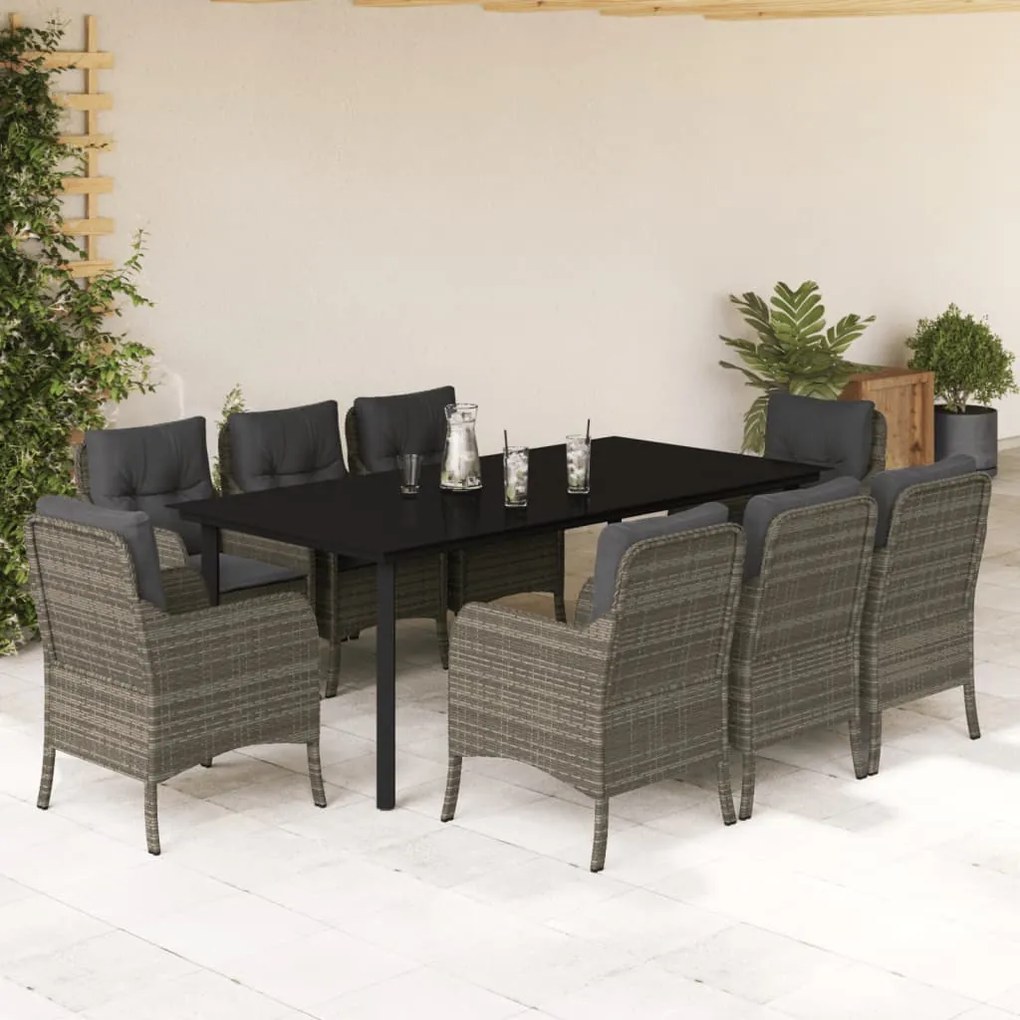 Set da pranzo da giardino 9 pz con cuscini in polyrattan grigio