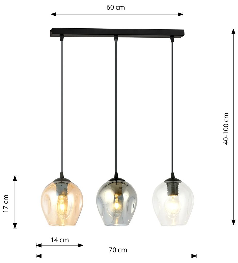 Lampadario 3 Luci Fuxi In Acciaio Nero E Vetri Ambra, Trasparente E Fumè