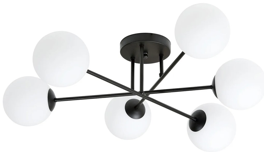 Plafoniera Moderna Morrigan 6 Luci In Acciao Nero E Sfere In Vetro Bianco