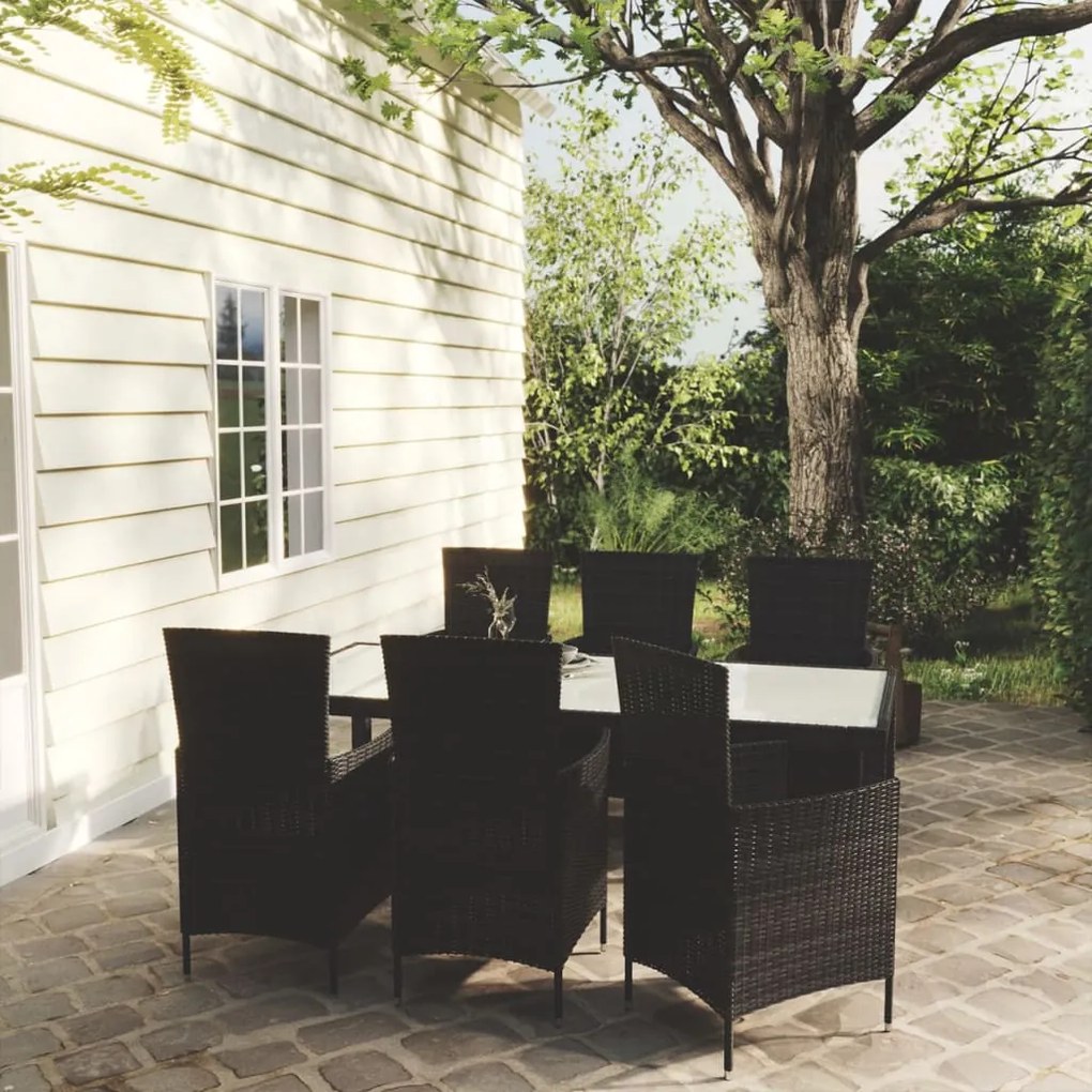 Set da Pranzo da Giardino 7 pz con Cuscini in Polyrattan Nero