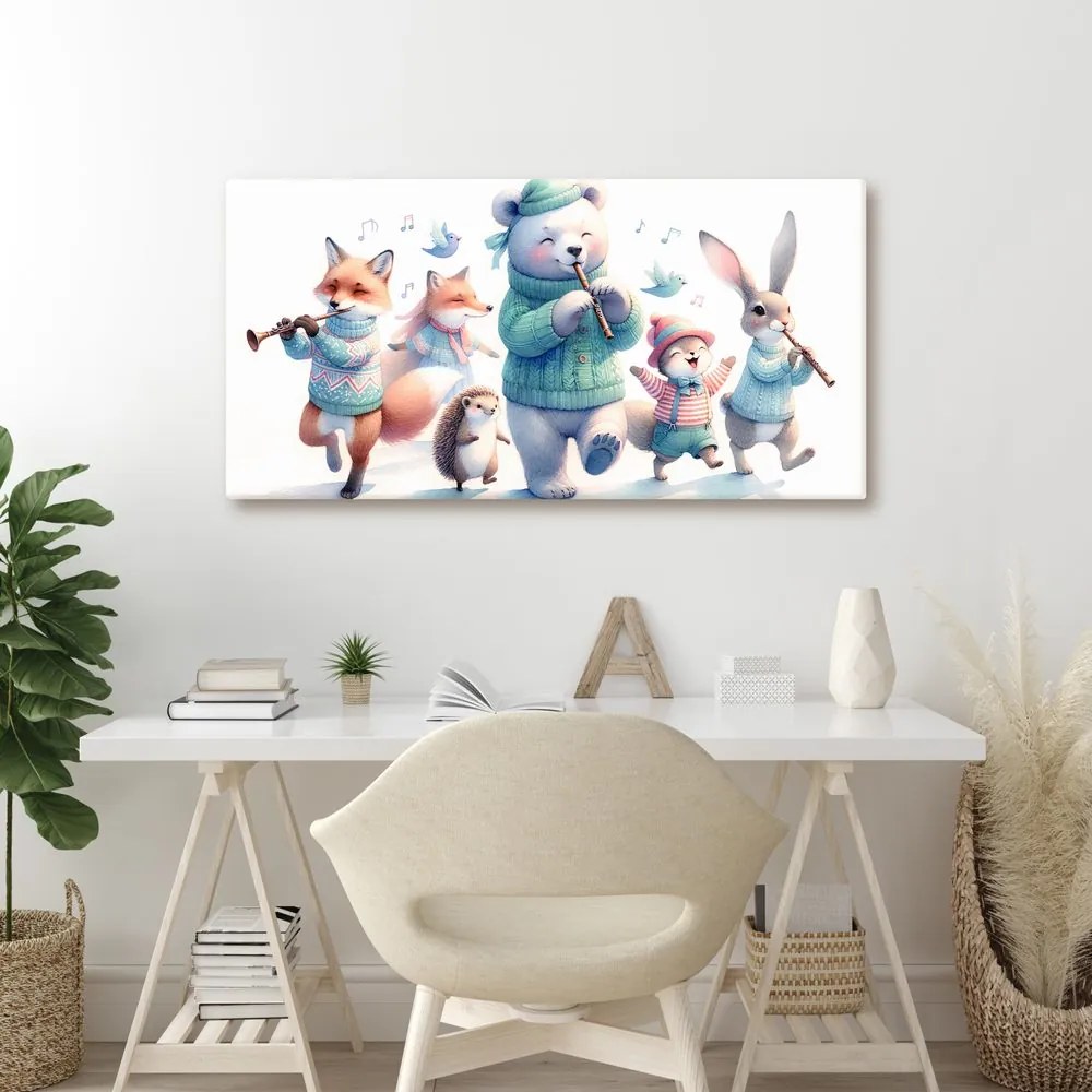 Quadro su tela – Dolci animaletti con flauti in inverno