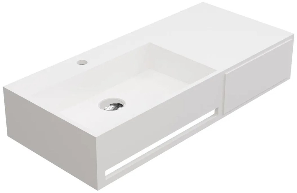 Ripiano lavabo sospeso in Solid Surface con portasciugamani L90 x l40 x H17 cm Bianco - GANDAKI