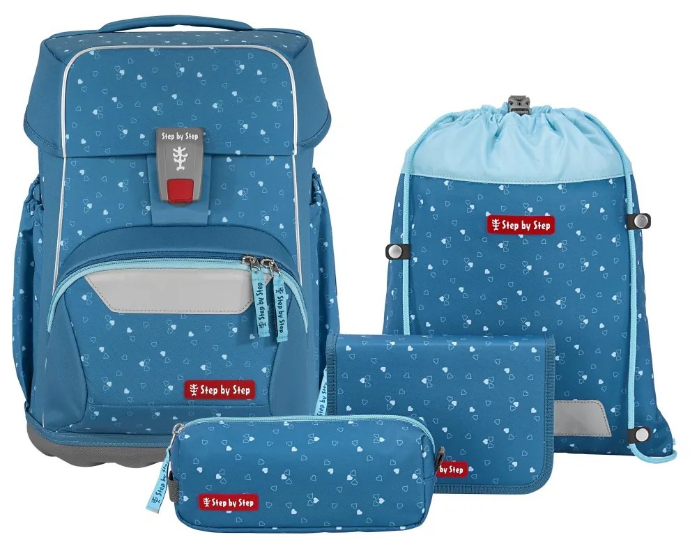 Zaino scuola Step by Step BASIS, Blue Hearts - set 4 pezzi