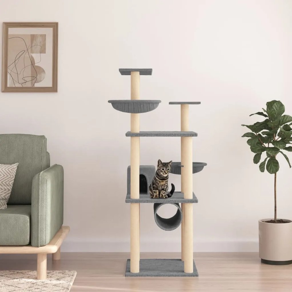 Albero per gatti con tiragraffi in sisal grigio chiaro 141 cm