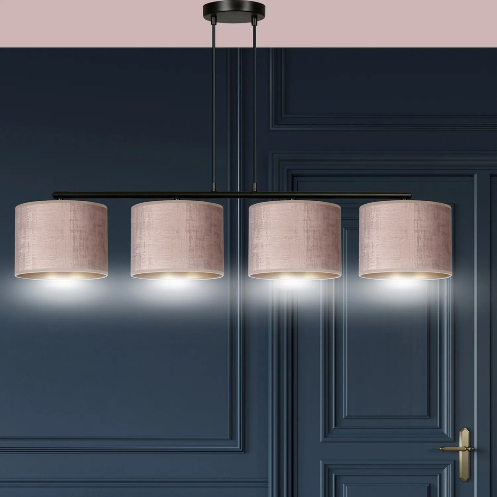 Lampadario 4 Luci Ganesha In Acciaio Nero E Paralumi In Tessuto Rosa
