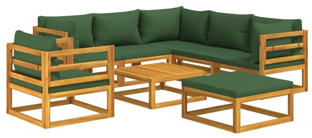 Set salotto da giardino 8pz con cuscini verdi in legno massello