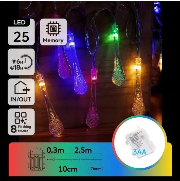 Aigostar - LED RGBY Catena luminosa per esterni 25 LED/8 funzioni 3xAA 2,5 m IP44 gocce