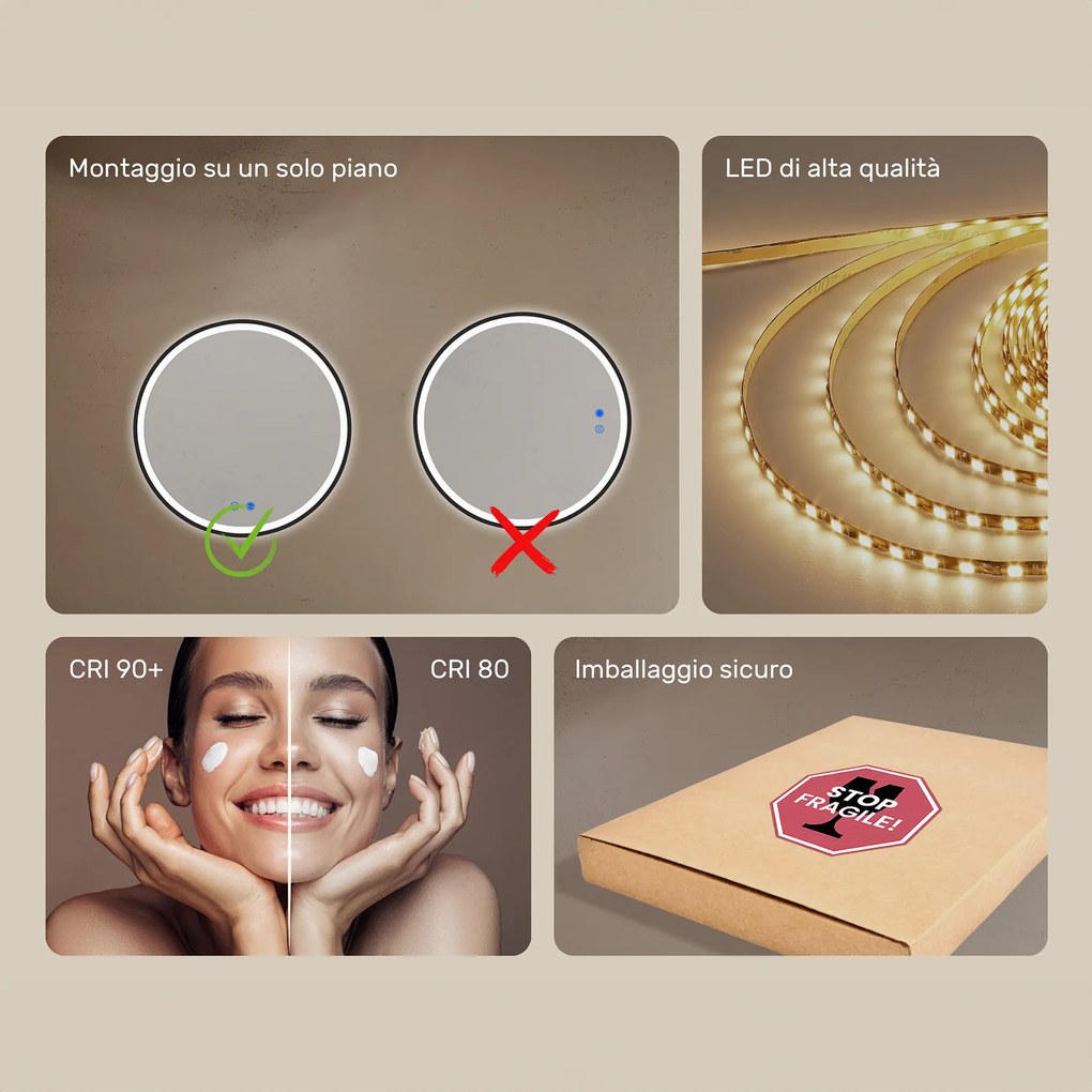 Specchio rotondo con illuminazione LED in una cornice nera in alluminio