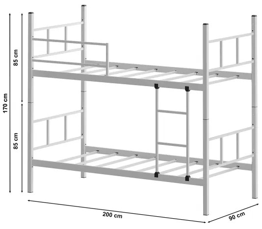 Letto a castello in metallo MAVEN 90x200 cm, bianco, portata 2 x 100 kg