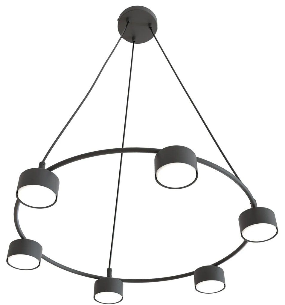Lampadario Moderno 6 Luci Odin In Acciaio Nero Ad Anello E Cilindri