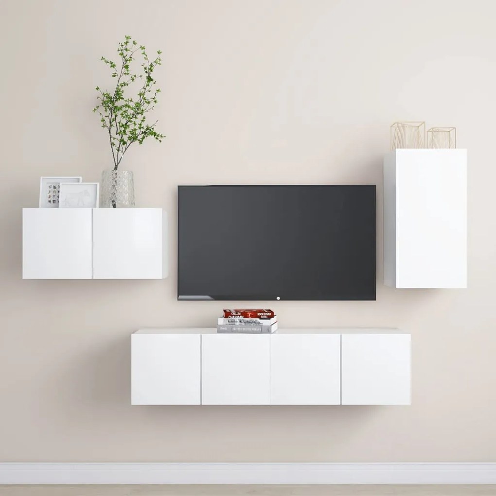 Set Di Mobili Porta Tv 4 Pz Bianco İn Legno Multistrato /