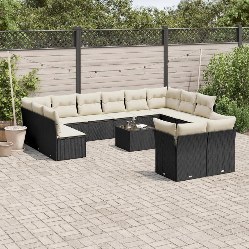 Set Divani da Giardino 13pz con Cuscini Nero in Polyrattan